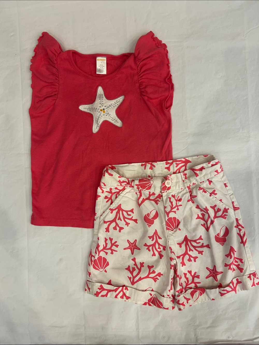 Gymboree Coral Red Ruffle Sleeve Top with Shell Print White Shorts